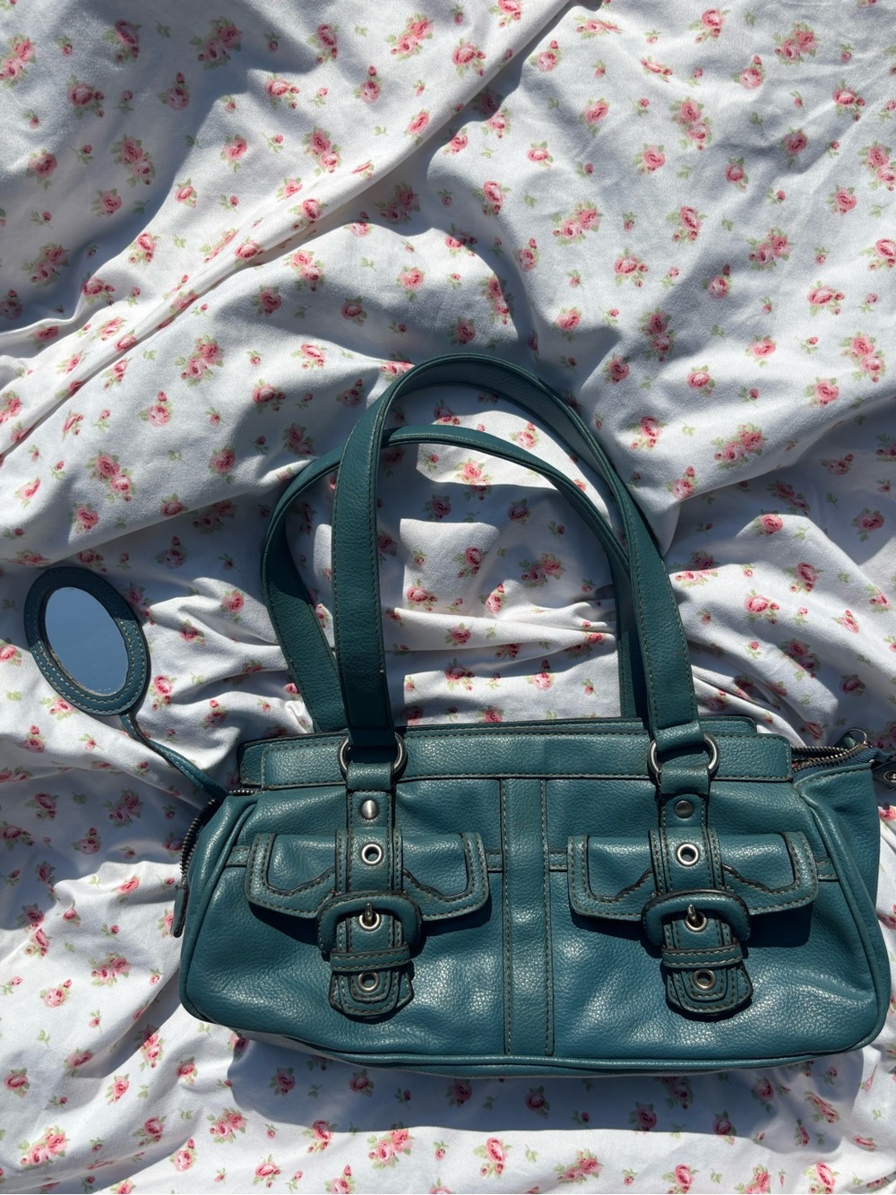 Nine West Teal Leather Dual-Buckle Shoulder Bag
